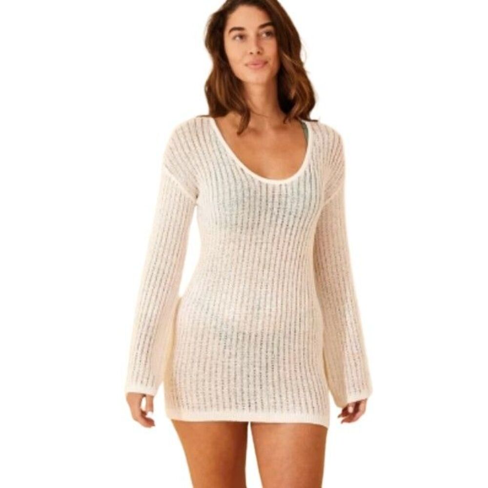 Shade & Shore Crochet Mini Dress Womens S Cream Ribbed Knit Boho Swim Cover New